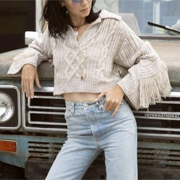 Jonathan Simkhai Kara Fringe Knit Polo in Tan Melange Size Small - Picture 2 of 11